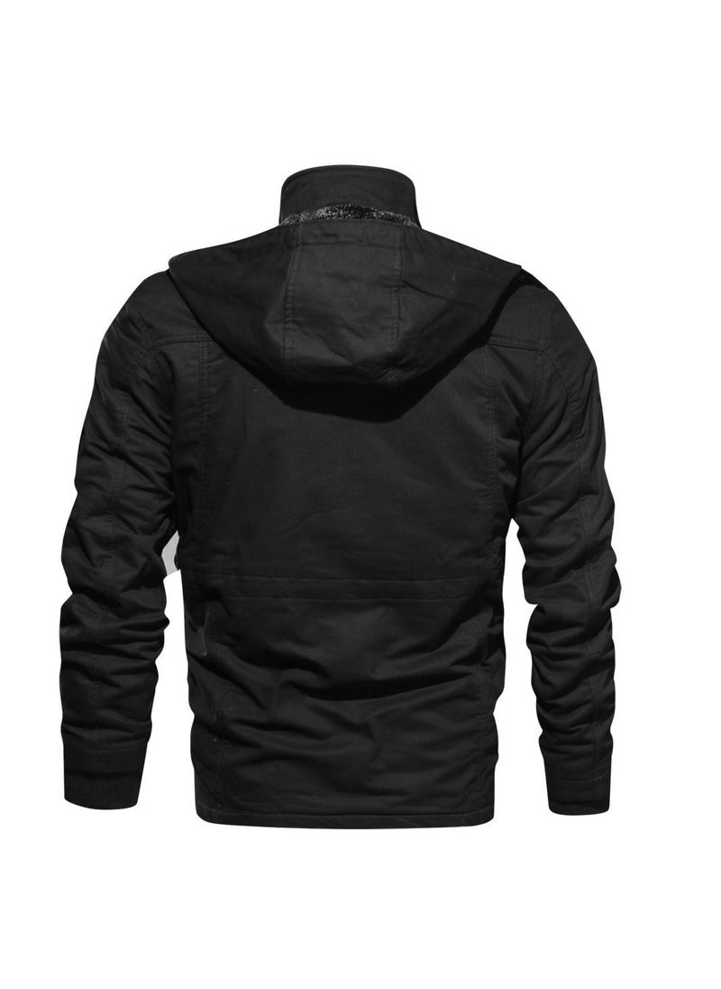 Men's Trench Cloose Standing Collar Hooded Jacket Black