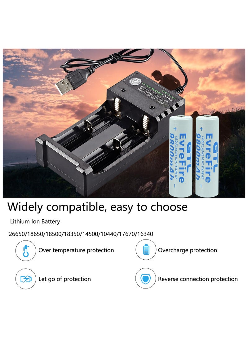 9800mAh 18650 Battery with 2 bay Charger for Rechargeable Batteries 3.7V Li-ion TR IMR 18650 14500 16340(RCR123) Red/Green Display, USB Intelligent Universal Rechargeable Battery Charger