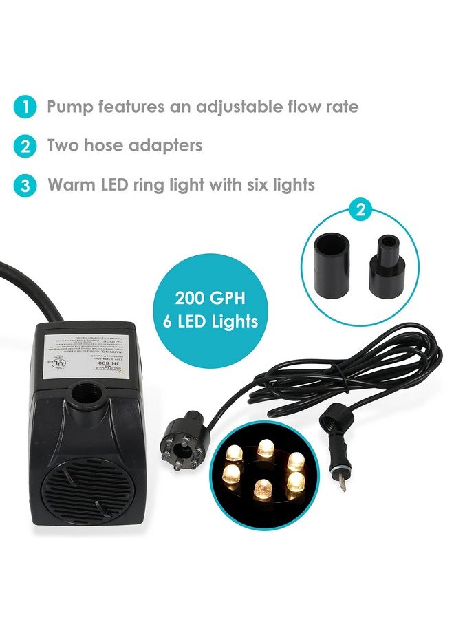 200 Gph Pump For Outdoor Fountains, Aquariums, Or Bird Baths - White Led Light And Transformer - 12 Volts