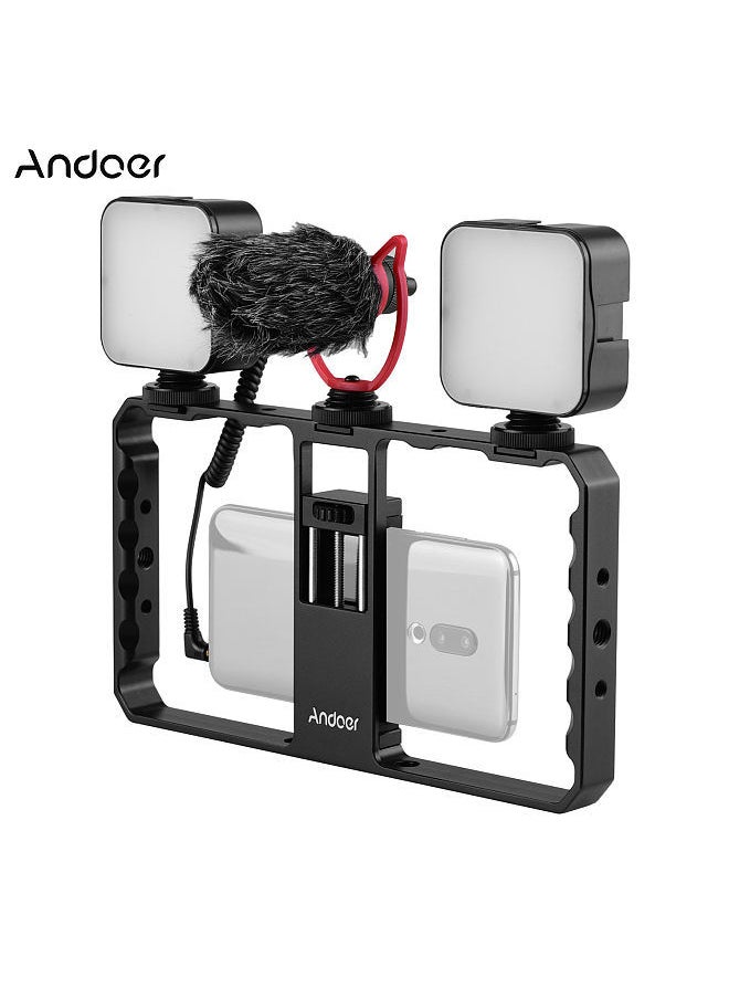 Andoer Smartphone Video Rig Grip with Rig Dual LED Light Microphone with Shock Mount for Vlog Film-making Compatible with iPhone Samsung HUAWEI