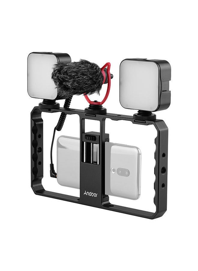 Andoer Smartphone Video Rig Grip with Rig Dual LED Light Microphone with Shock Mount for Vlog Film-making Compatible with iPhone Samsung HUAWEI