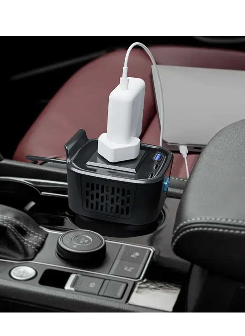 Car Power Inverter, 150W AC Output, Dual USB-C & USB-A QC3.0, Cup Holder Design, 12V Vehicle Compatible
