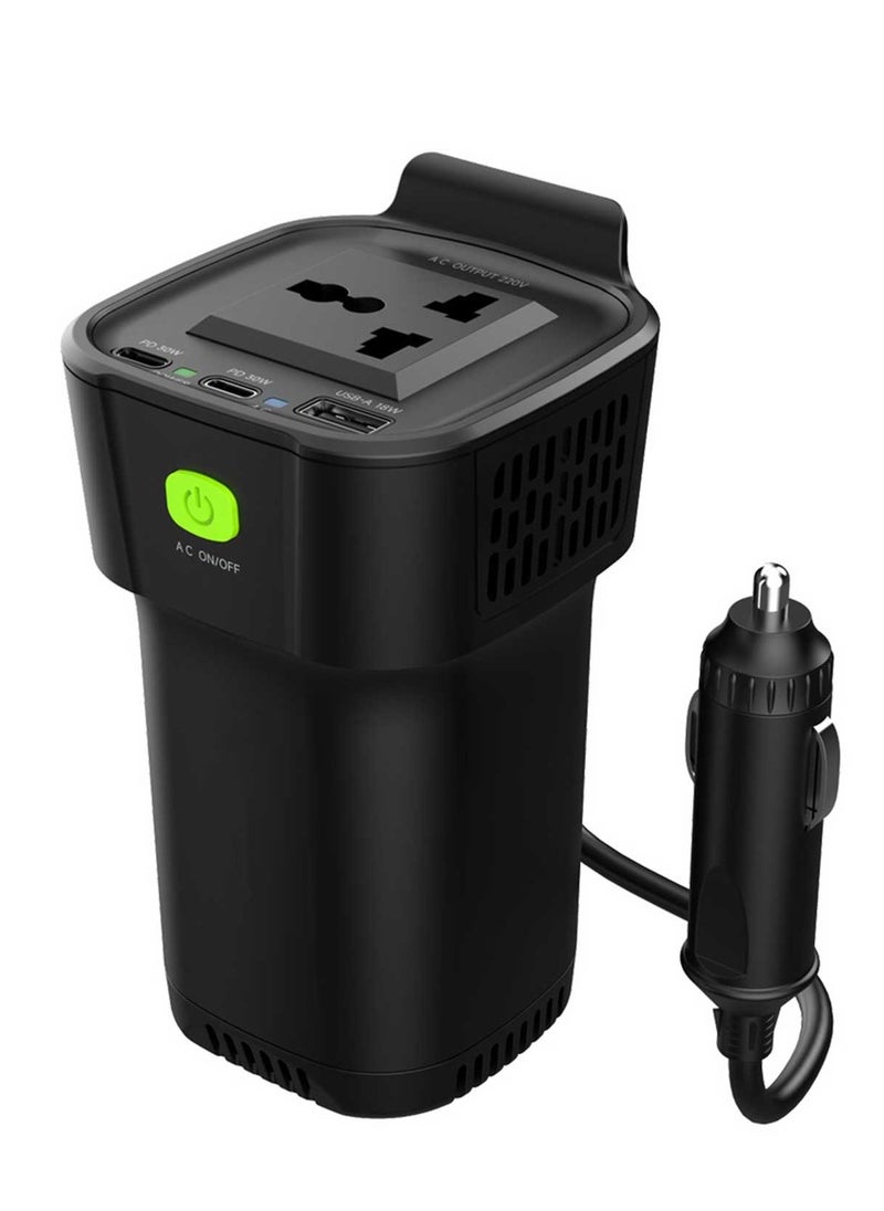 Car Power Inverter, 150W AC Output, Dual USB-C & USB-A QC3.0, Cup Holder Design, 12V Vehicle Compatible