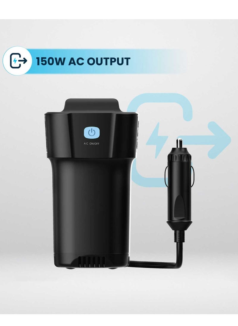 Car Power Inverter, 150W AC Output, Dual USB-C & USB-A QC3.0, Cup Holder Design, 12V Vehicle Compatible