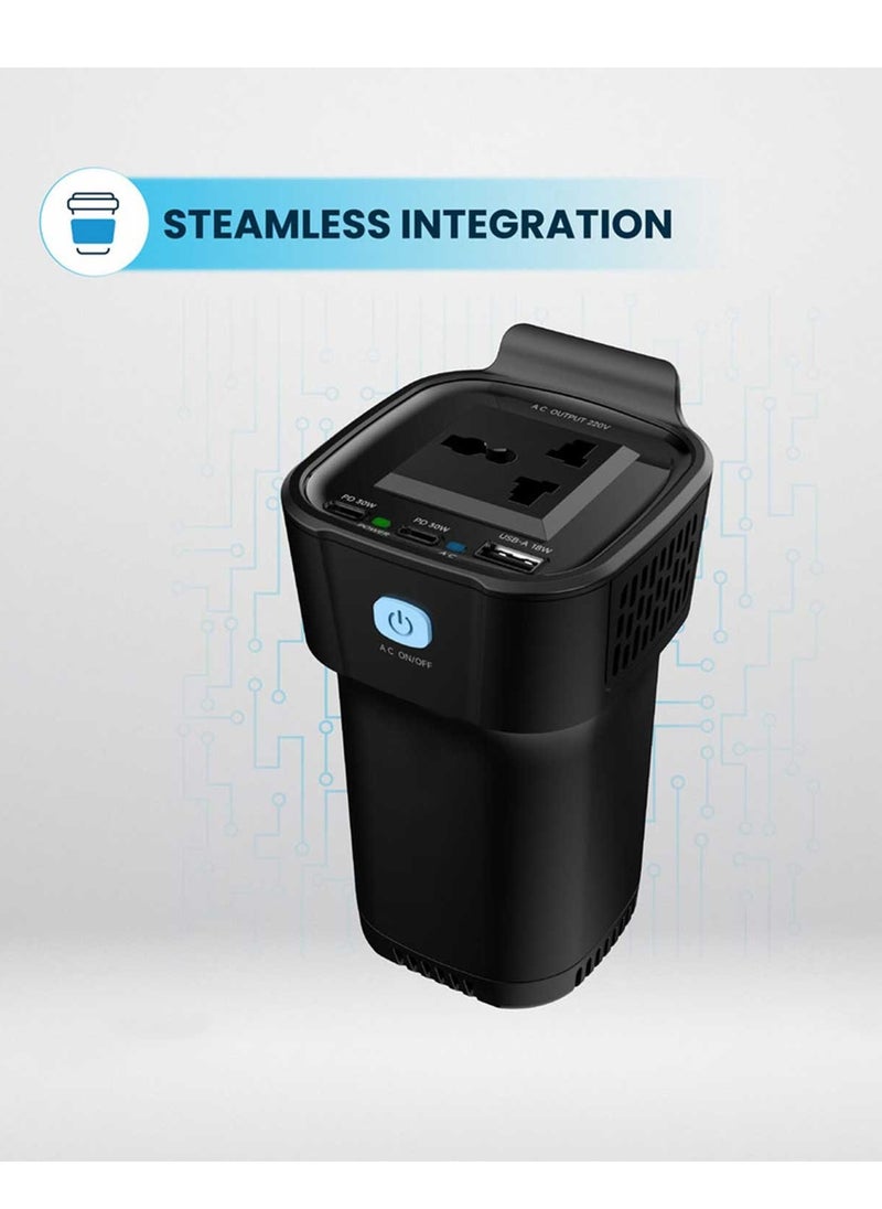 Car Power Inverter, 150W AC Output, Dual USB-C & USB-A QC3.0, Cup Holder Design, 12V Vehicle Compatible