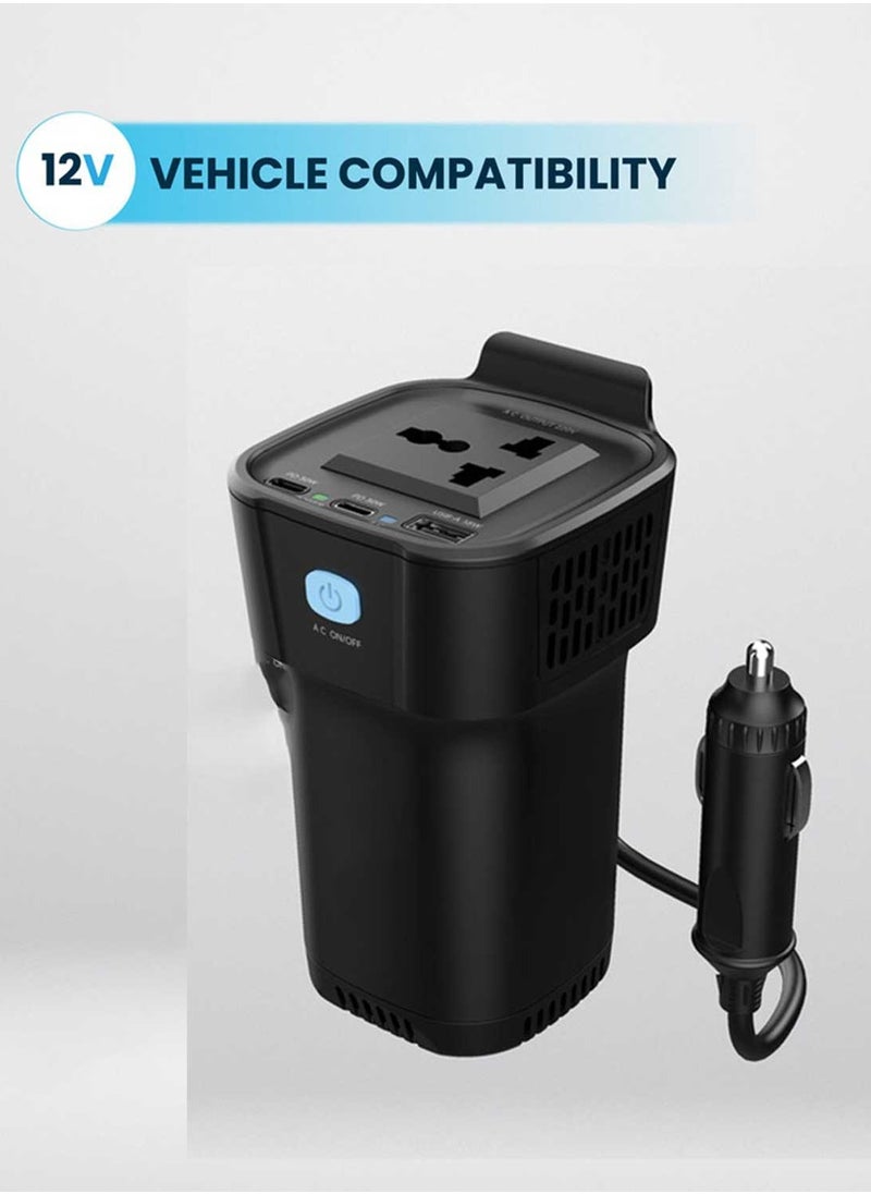Car Power Inverter, 150W AC Output, Dual USB-C & USB-A QC3.0, Cup Holder Design, 12V Vehicle Compatible