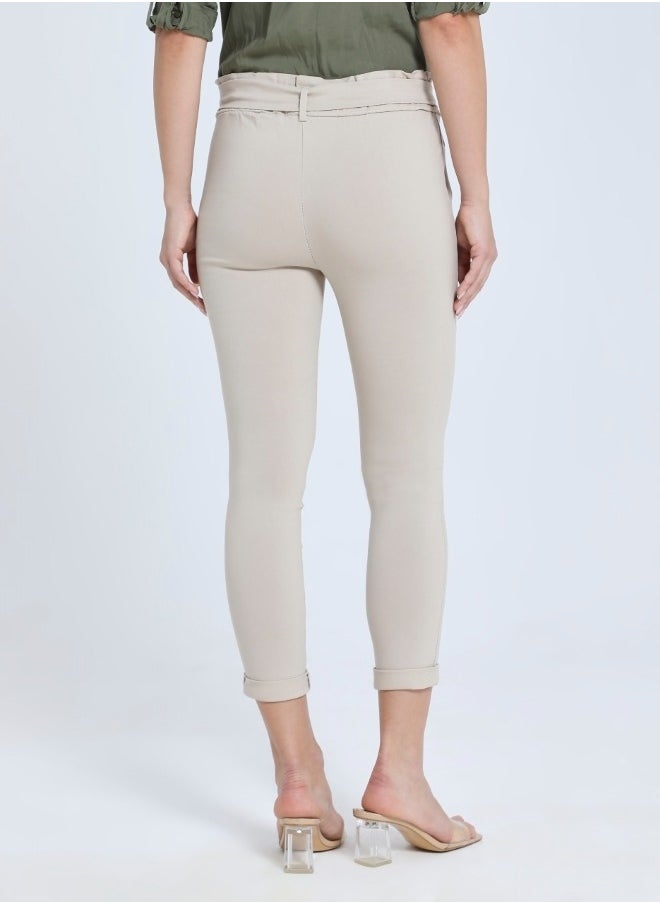 Beige High-Waisted Tie Pants