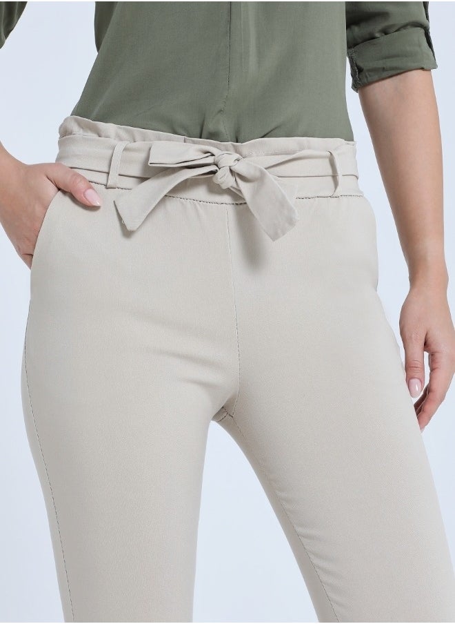 Beige High-Waisted Tie Pants