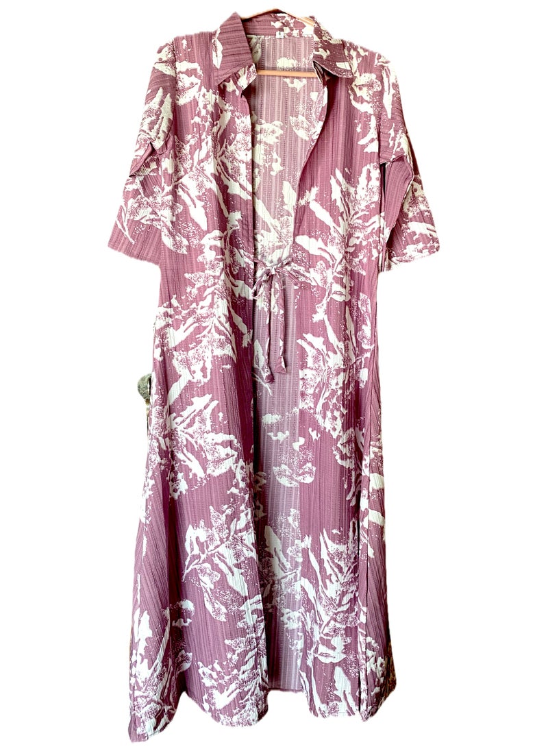 Floral Tie-up Long Shrug/Kimono Robe, Mauve and White Print, 3/4 Sleeve Length,Delta Crush Material/Maternity