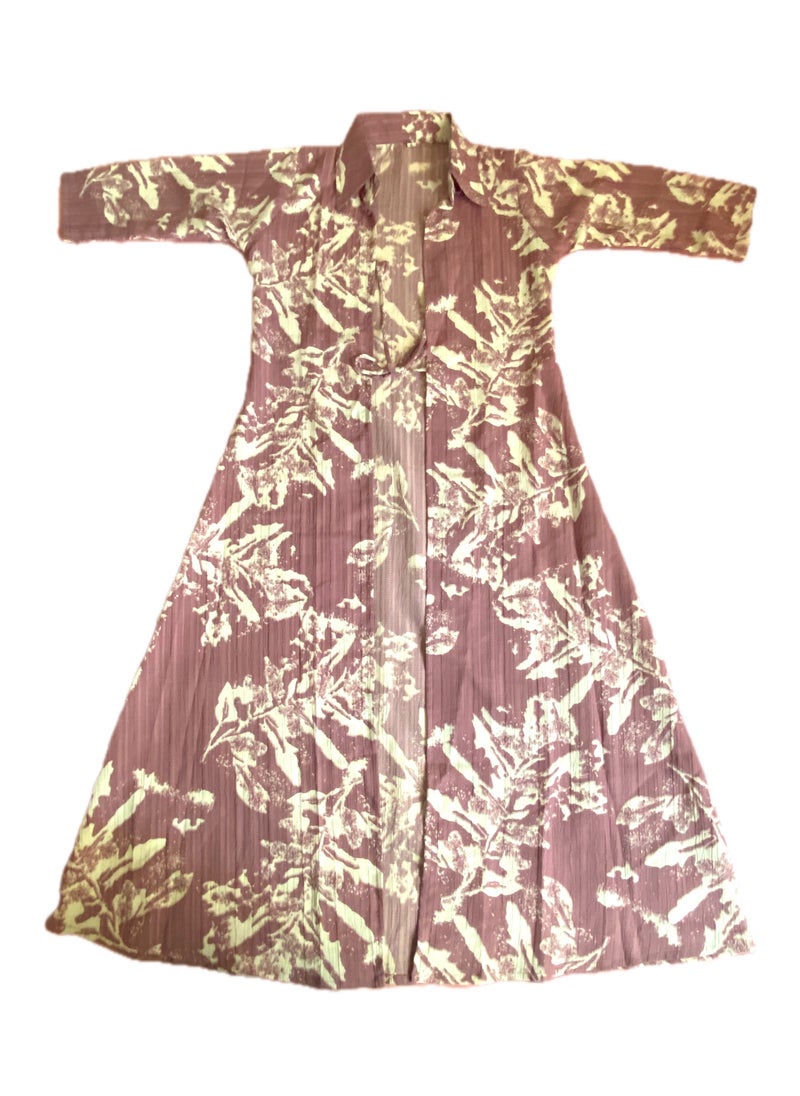 Floral Tie-up Long Shrug/Kimono Robe, Mauve and White Print, 3/4 Sleeve Length,Delta Crush Material/Maternity