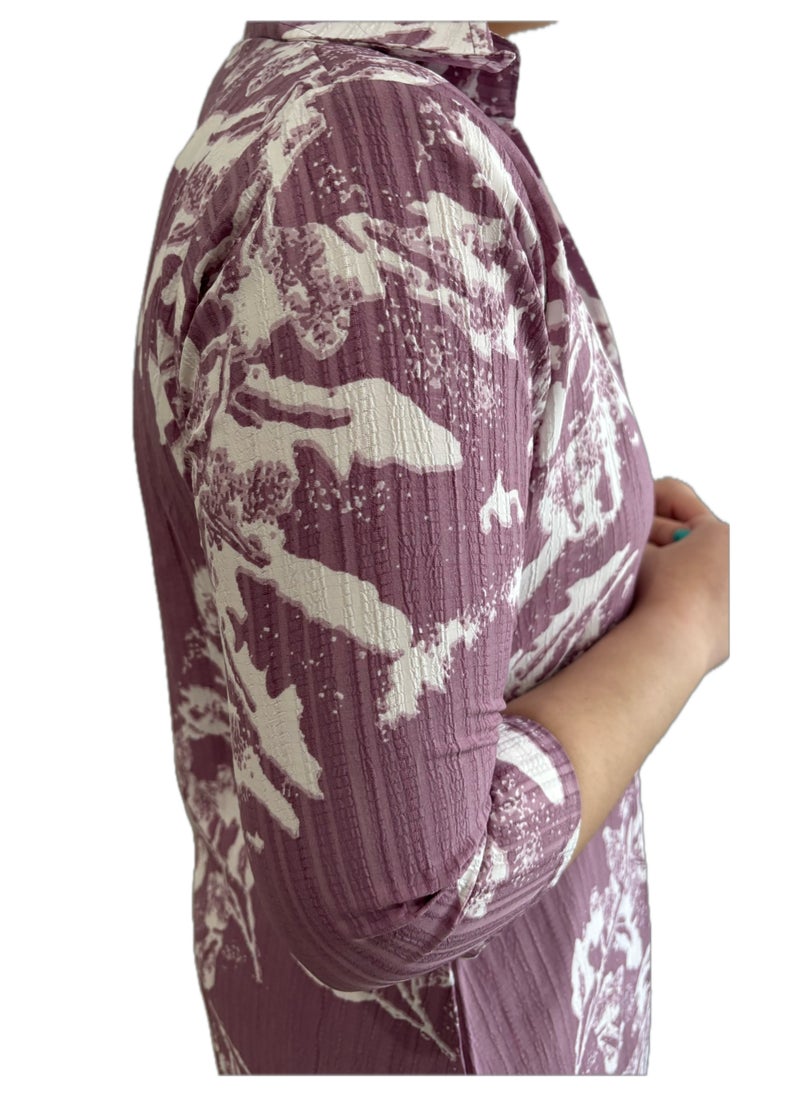 Floral Tie-up Long Shrug/Kimono Robe, Mauve and White Print, 3/4 Sleeve Length,Delta Crush Material/Maternity