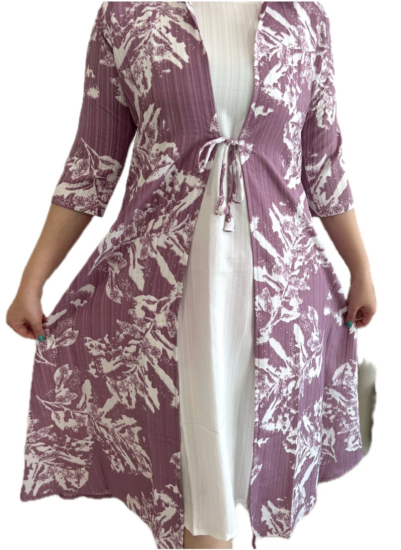 Floral Tie-up Long Shrug/Kimono Robe, Mauve and White Print, 3/4 Sleeve Length,Delta Crush Material/Maternity