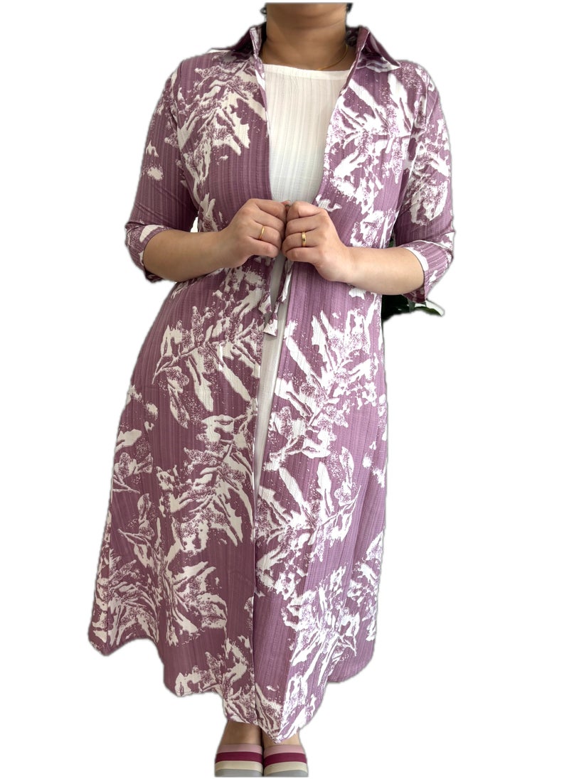 Floral Tie-up Long Shrug/Kimono Robe, Mauve and White Print, 3/4 Sleeve Length,Delta Crush Material/Maternity