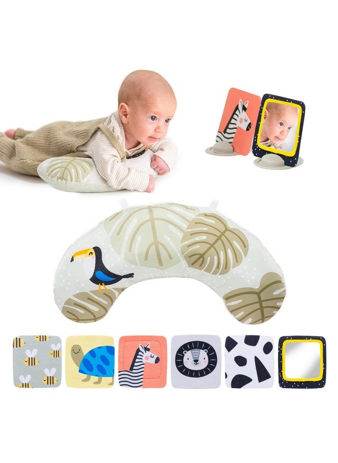 Tummy Time Set With Ergonomic Pillow, Double-Sided High Contrast Black & White Flash Cards & Mirror Card, Developmental Baby Play Mat Accessories & Card Stands For Newborn Infant Tummy Time