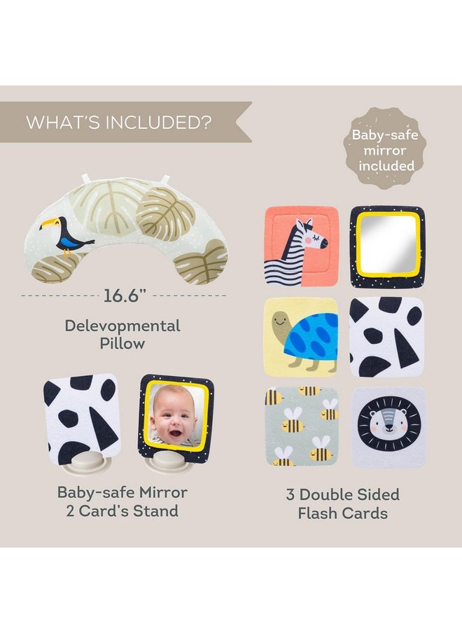 Tummy Time Set With Ergonomic Pillow, Double-Sided High Contrast Black & White Flash Cards & Mirror Card, Developmental Baby Play Mat Accessories & Card Stands For Newborn Infant Tummy Time