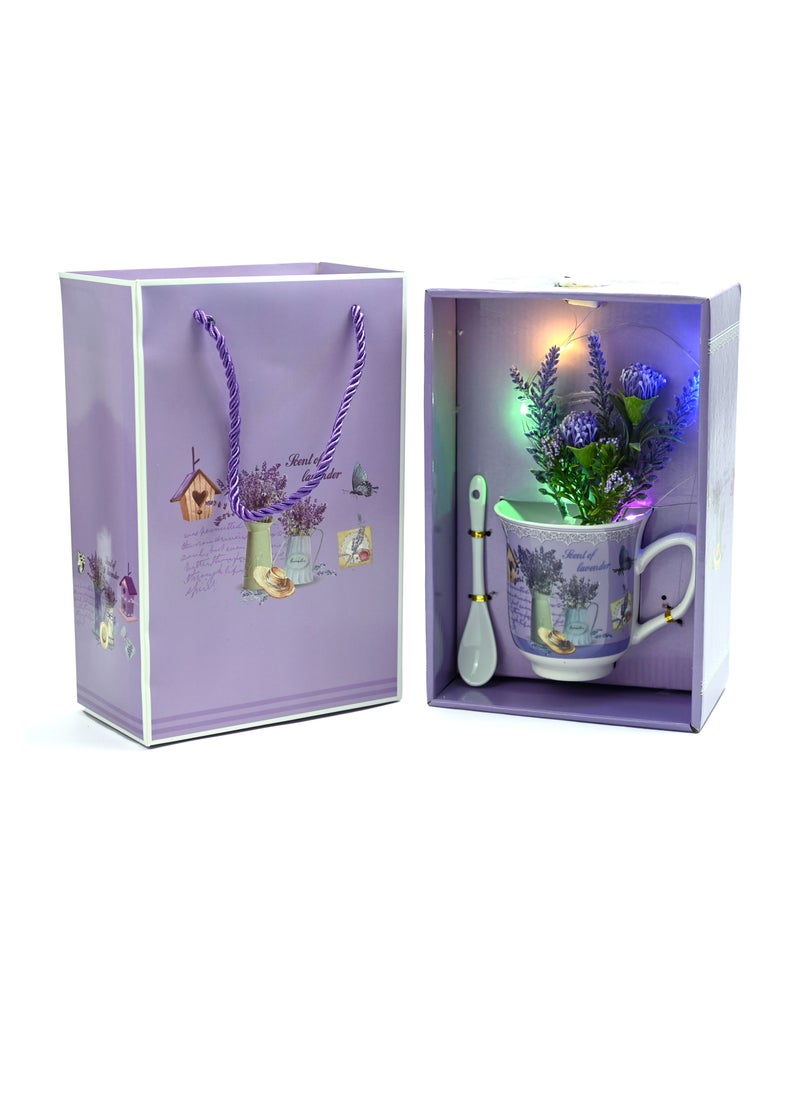 – Artificial Flower Mug with Lights Gift Box/ Lavender Gift Box Mug for Friends & Families/A soft and beautiful Home & Office Décor