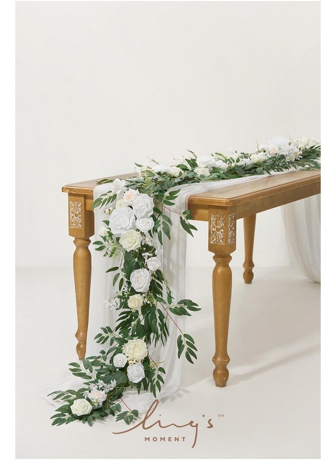 Flower Garland - 6Ft Eucalyptus & Rose - Sweetheart Table Decor For Wedding Reception, Artificial Floral Garland For Mantle, Thanksgiving, Christmas Decoration, Ivory