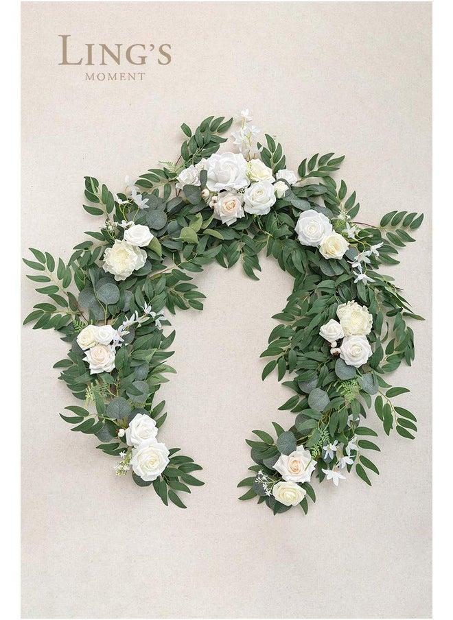 Flower Garland - 6Ft Eucalyptus & Rose - Sweetheart Table Decor For Wedding Reception, Artificial Floral Garland For Mantle, Thanksgiving, Christmas Decoration, Ivory