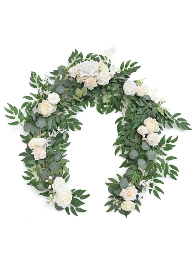 Flower Garland - 6Ft Eucalyptus & Rose - Sweetheart Table Decor For Wedding Reception, Artificial Floral Garland For Mantle, Thanksgiving, Christmas Decoration, Ivory