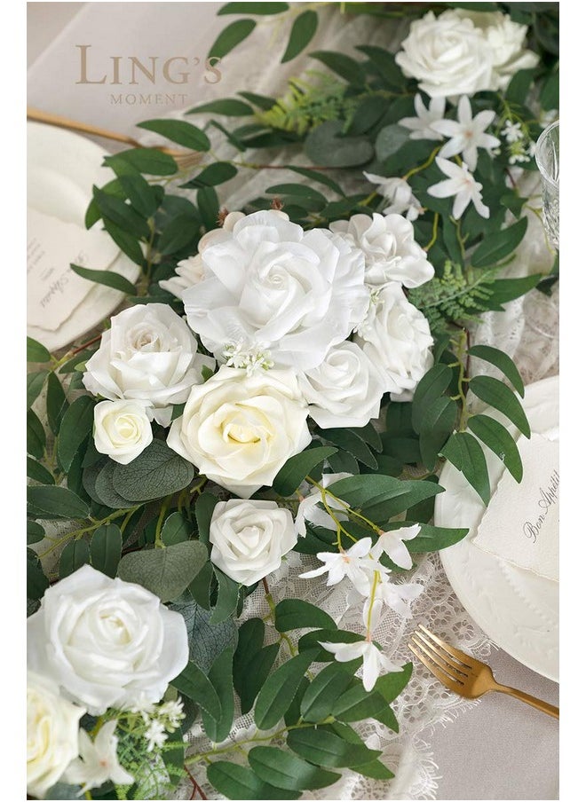 Flower Garland - 6Ft Eucalyptus & Rose - Sweetheart Table Decor For Wedding Reception, Artificial Floral Garland For Mantle, Thanksgiving, Christmas Decoration, Ivory