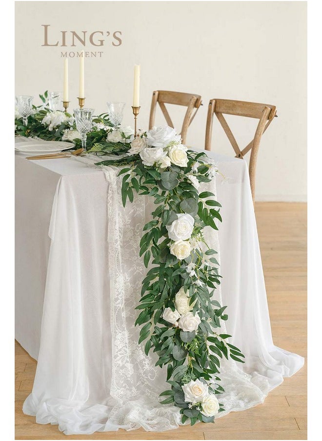 Flower Garland - 6Ft Eucalyptus & Rose - Sweetheart Table Decor For Wedding Reception, Artificial Floral Garland For Mantle, Thanksgiving, Christmas Decoration, Ivory