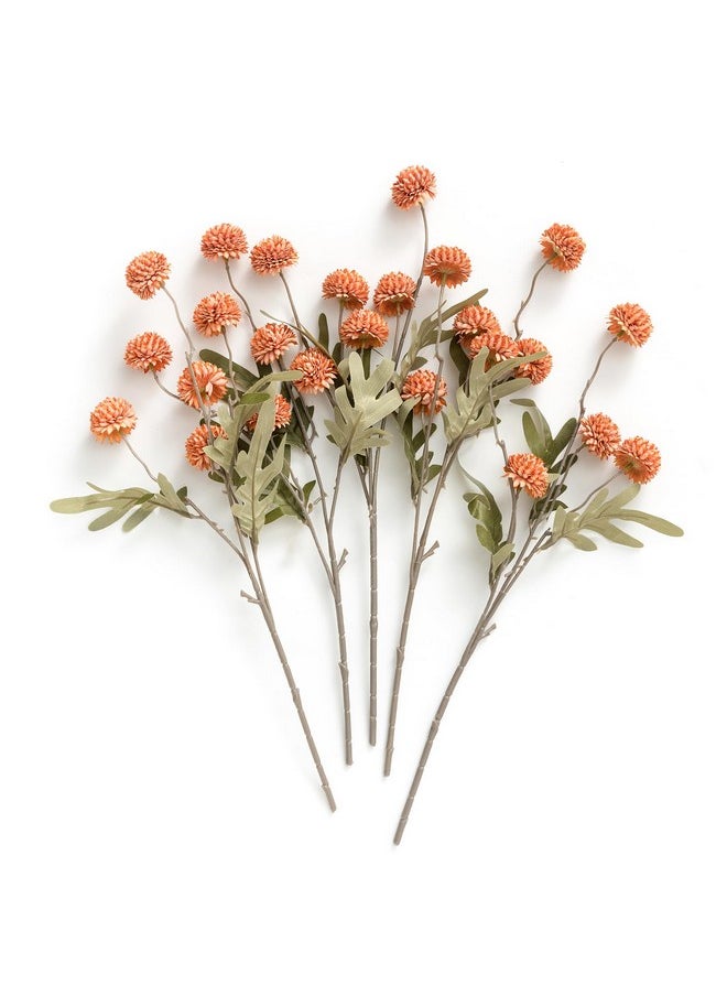 Pompon Mum Artificial Flower, 5Pcs Faux Silk Mini Chrysanth With Stems, Bulk Fake Wedding Filler Flowers For Diy Bouquet Centerpieces Arrangements Shower Decorations, Burnt Orange