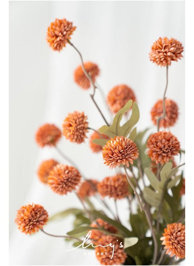 Pompon Mum Artificial Flower, 5Pcs Faux Silk Mini Chrysanth With Stems, Bulk Fake Wedding Filler Flowers For Diy Bouquet Centerpieces Arrangements Shower Decorations, Burnt Orange