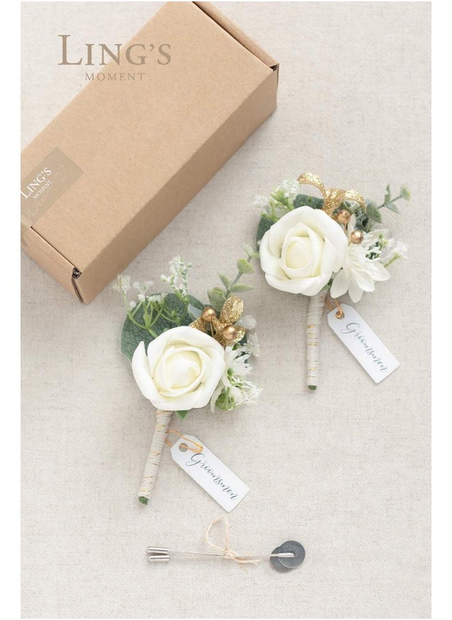 Boutonniere For Men, 2Pcs Groom Groomsmen Guest Boutonniere, Artificial Flowers For Wedding/Prom/Homecoming, Etc.White Baby Breath Ivory