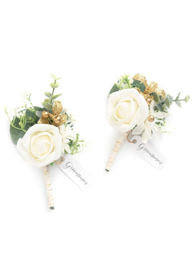 Boutonniere For Men, 2Pcs Groom Groomsmen Guest Boutonniere, Artificial Flowers For Wedding/Prom/Homecoming, Etc.White Baby Breath Ivory