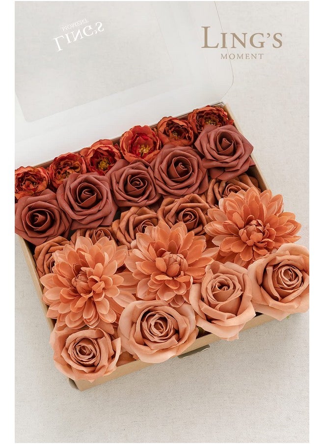 Artificial Flowers Fake Silk Dahlia Faux Foam Roses Combo For Diy Wedding Bouquets Centerpieces Arrangements Bridal Shower Party Home Decorations, Amber & Terracotta, 23Pcs