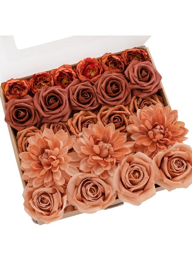 Artificial Flowers Fake Silk Dahlia Faux Foam Roses Combo For Diy Wedding Bouquets Centerpieces Arrangements Bridal Shower Party Home Decorations, Amber & Terracotta, 23Pcs