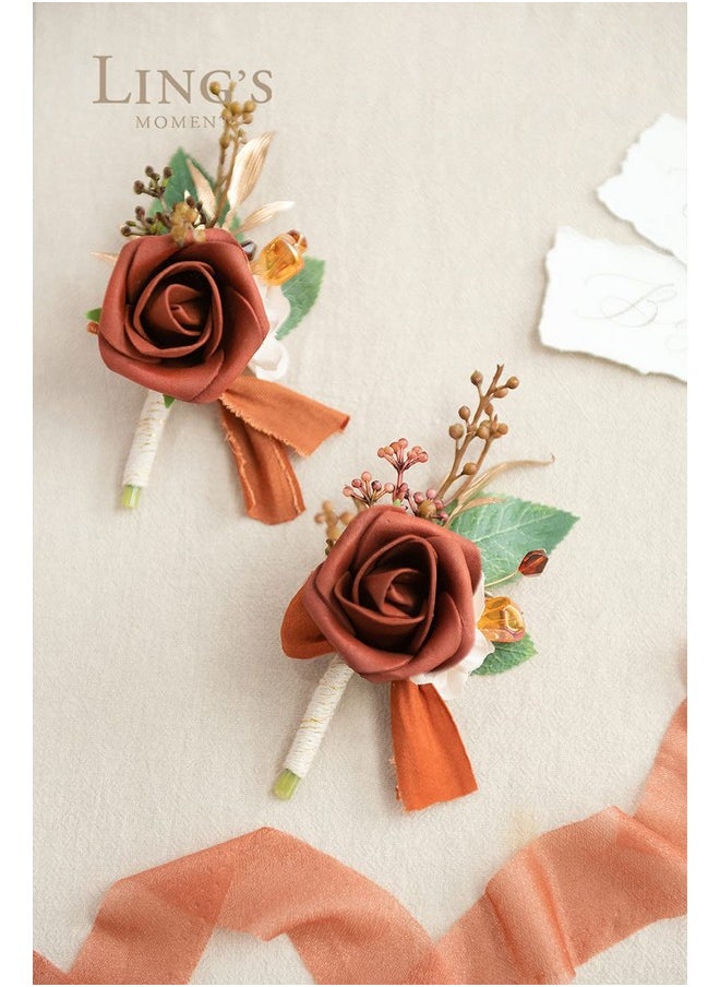 Boutonniere For Men, 2Pcs Groom Groomsmen Guest Boutonniere, Artificial Flowers For Wedding/Prom/Homecoming, Etc.Fall Orange Terracotta