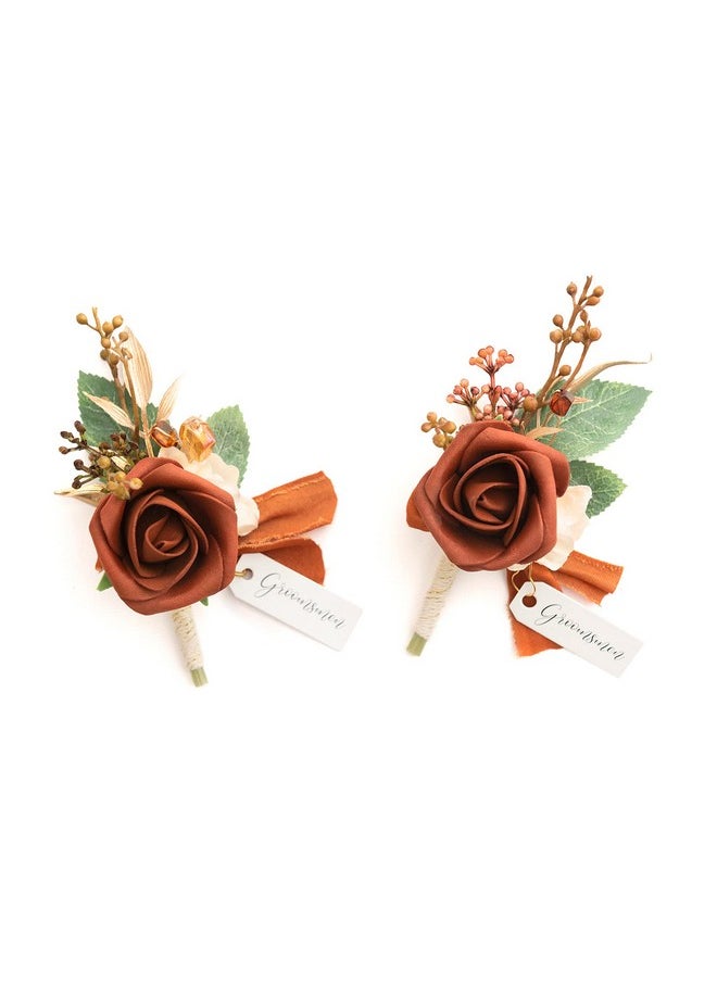 Boutonniere For Men, 2Pcs Groom Groomsmen Guest Boutonniere, Artificial Flowers For Wedding/Prom/Homecoming, Etc.Fall Orange Terracotta