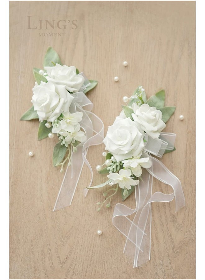 2Pcs Homecoming Wedding Shoulder Corsage Artificial Flowers, Girl/Mother Prom Corsages Wristlet Décor, Etc. White Pearl