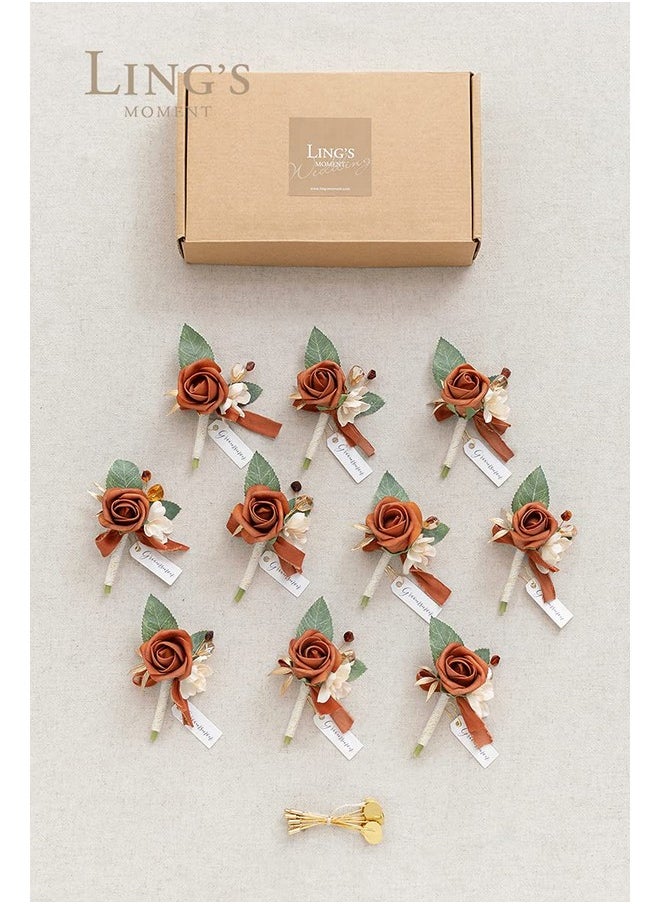 Boutonniere For Men, 10Pcs Groomsmen Guest Boutonniere, Artificial Flowers For Wedding Décor/Prom/Homecoming,Etc.Fall Terracotta Orange