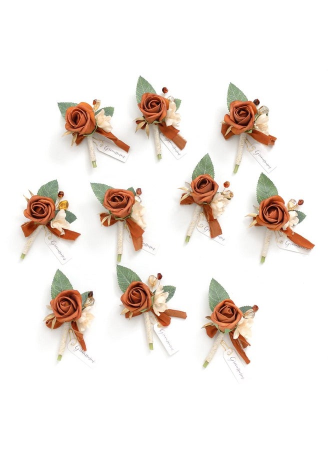 Boutonniere For Men, 10Pcs Groomsmen Guest Boutonniere, Artificial Flowers For Wedding Décor/Prom/Homecoming,Etc.Fall Terracotta Orange