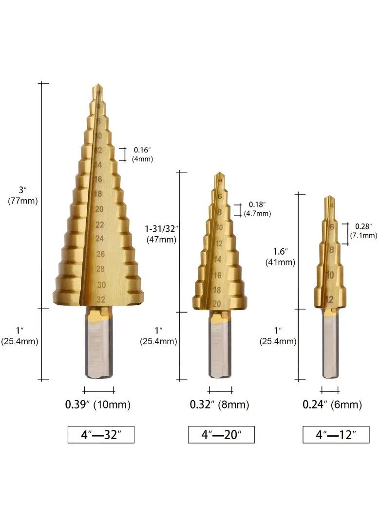 6pcs HSS Steel Step Drill Bit Set - 4-12/20/32mm Metal Hole Cutter Wood Cone Core Drilling Hole Saw Tool + 3, 6, 8 Saw Drill