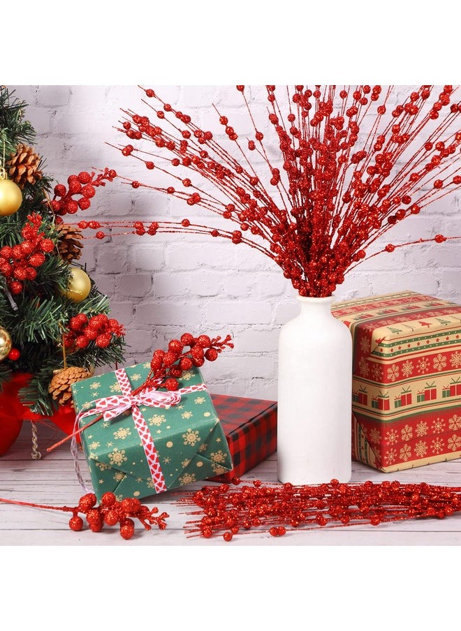Christmas Artificial Glitter Berry Stem 17 Inch, 9 Inch,2 Sizes Christmas Berry Picks Ornaments Decorative For Xmas Tree Ornaments Diy Wreath Holiday Wedding(Red)
