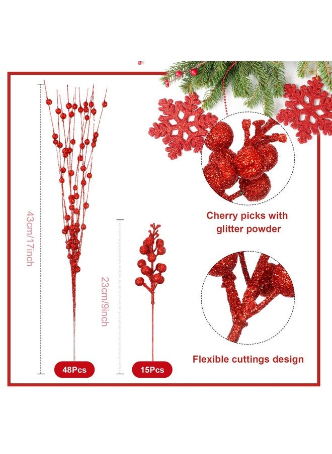 Christmas Artificial Glitter Berry Stem 17 Inch, 9 Inch,2 Sizes Christmas Berry Picks Ornaments Decorative For Xmas Tree Ornaments Diy Wreath Holiday Wedding(Red)