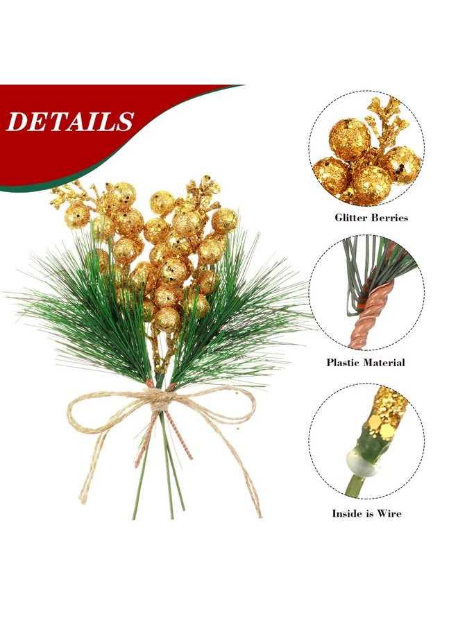 24 Pieces Christmas Artificial Greenery Pine Branches Small Holly Artificial Berries Picks Bulk For Crafts Wreath Decorations Xmas Tree Party Gift For Christmas Holiday Decor (Gold)