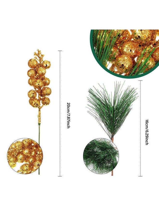 24 Pieces Christmas Artificial Greenery Pine Branches Small Holly Artificial Berries Picks Bulk For Crafts Wreath Decorations Xmas Tree Party Gift For Christmas Holiday Decor (Gold)