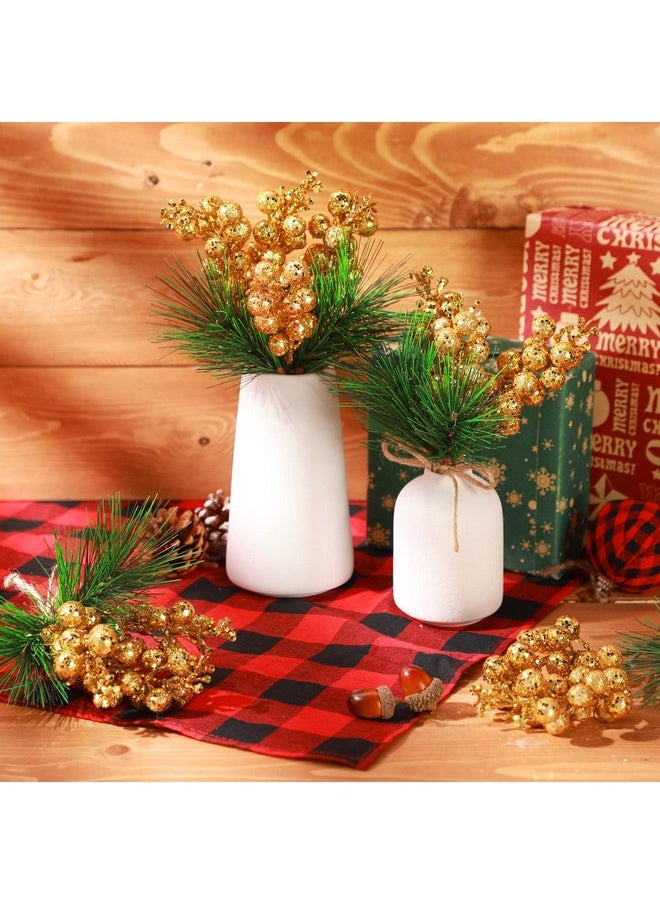 24 Pieces Christmas Artificial Greenery Pine Branches Small Holly Artificial Berries Picks Bulk For Crafts Wreath Decorations Xmas Tree Party Gift For Christmas Holiday Decor (Gold)