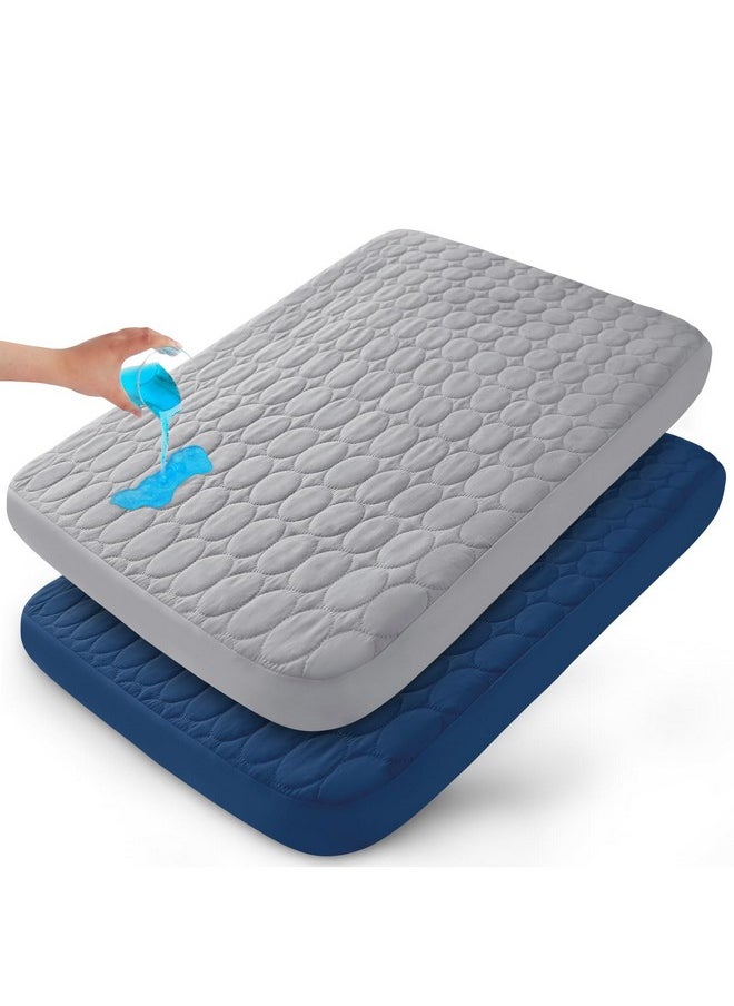 Pack And Play Sheets Fitted Quilted Waterproof Protector, 2 Pack Playard Mattress Pad Compatible With Graco Pack N Play, Mattress Cover Fits For Baby Playpen Mattress, Mini Crib, Gray & Navy Blue