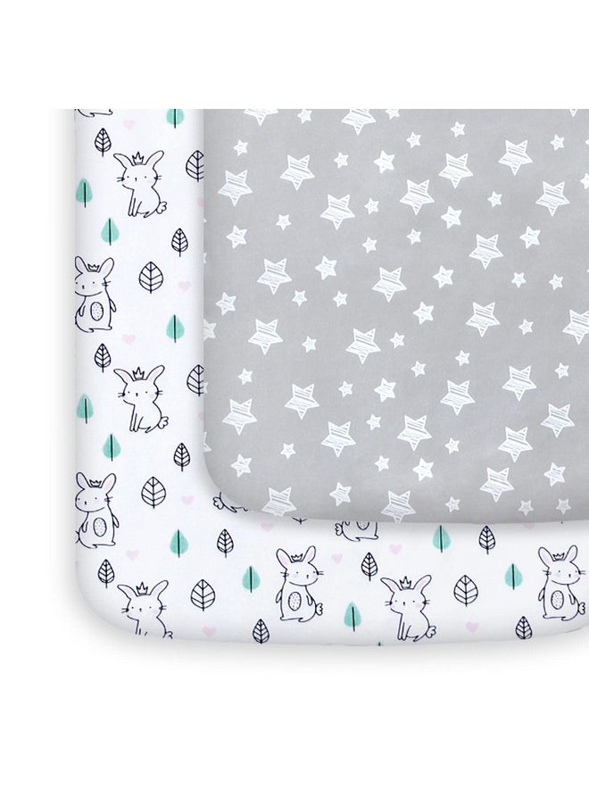 Pack And Play Sheets, 2 Pack Mini Crib Sheets, Stretchy Playard Fitted Sheet, Compatible With Graco Pack N Play, Soft And Breathable Material, Stars & Bunny