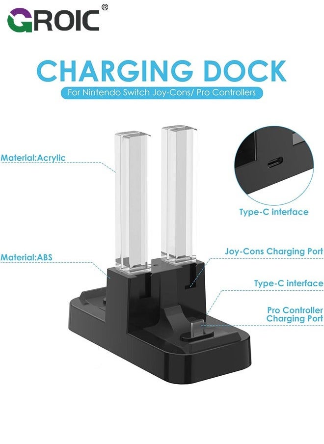 Controller Charger for Nintendo Switch Pro and Joy-con, 6 in 1 Charging Dock Stand Station with LED Indicator USB Type C Cable