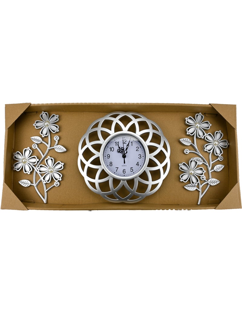 Silver Clock Set for Home – Modern Style 3-Piece Wall Clock Set – Decorative Clock with Flowers – Home Decoration Ornaments – Clock for Kitchen Living Room Office Party Decorations