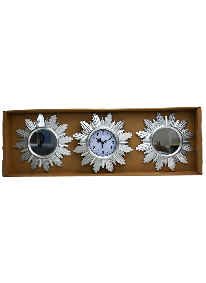 Silver Sunburst Decorative Clock Mirrors, Set of 3pc, Decorative Mirror and Clock set for Living Room, Office, Hotel Café