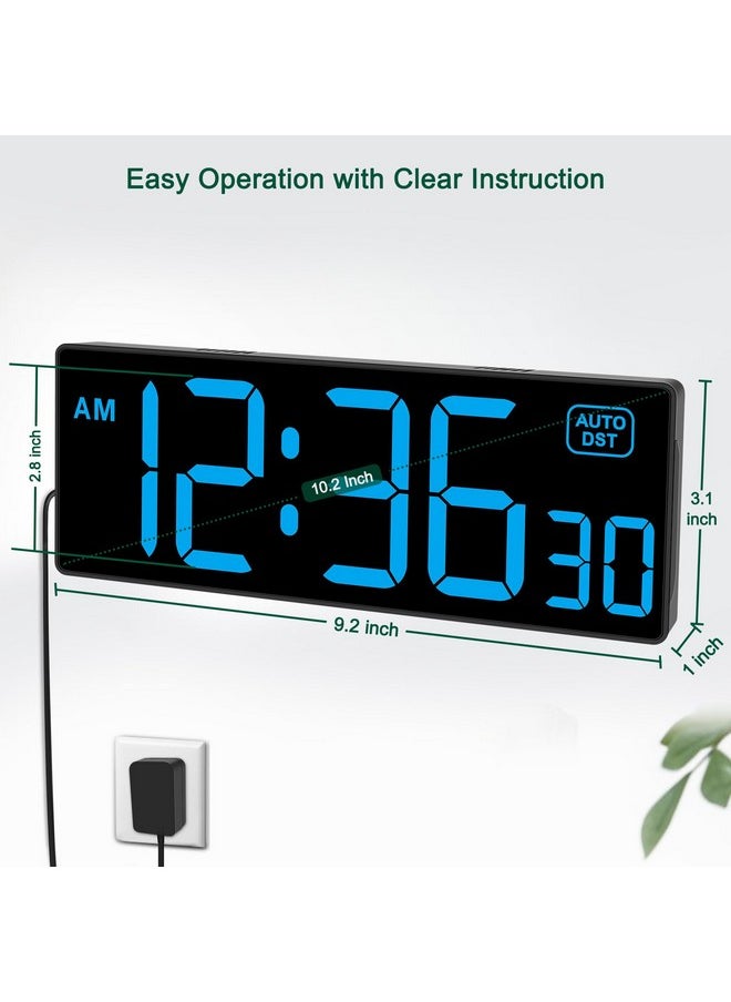 Led Wall Clock Digital Clock With Seconds, Electric Plug In Large Big Numbers Clock 5 Dimmers Wall Mount For Living Room, Auto Dst, 10 Inches (Blue)