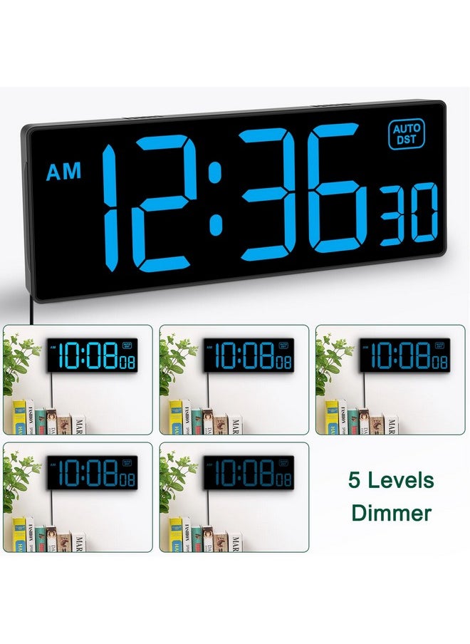 Led Wall Clock Digital Clock With Seconds, Electric Plug In Large Big Numbers Clock 5 Dimmers Wall Mount For Living Room, Auto Dst, 10 Inches (Blue)