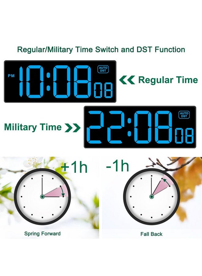 Led Wall Clock Digital Clock With Seconds, Electric Plug In Large Big Numbers Clock 5 Dimmers Wall Mount For Living Room, Auto Dst, 10 Inches (Blue)